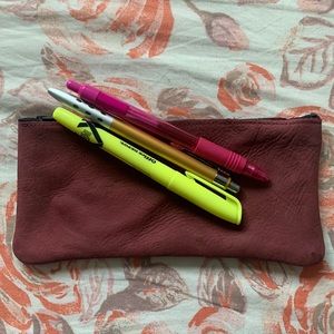 Maroon suede leather carry all pouch makeup pencil bag unisex multi use